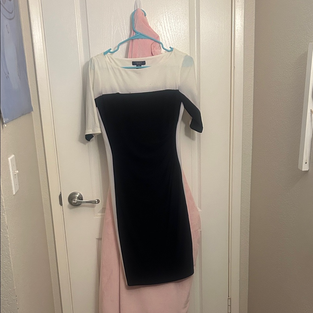 Chaps Black and White Colorblock Midi Sheath Dress